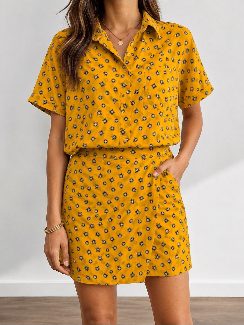 Vintage Jones New York 100% Silk 2-Piece Skirt Set Yellow Print Size - Picture 1 of 11